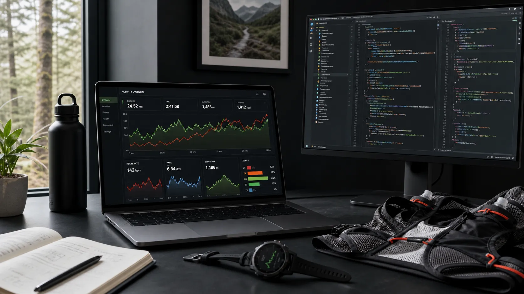 Fitness telemetry dashboard and code editor at an endurance athlete's workstation